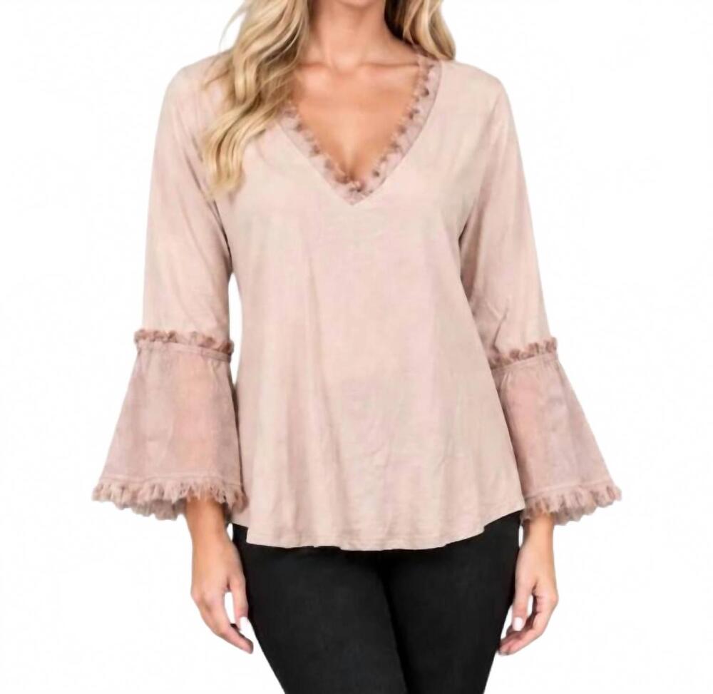 NEW MAVEN WEST frayed v-neck bell sleeve top in khaki